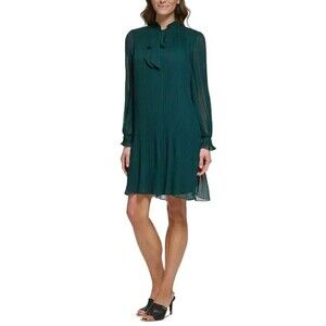 DKNY Women's 8 Emerald Green Pleated Long Sleeve Tie Neck Shift Dress SRP $139